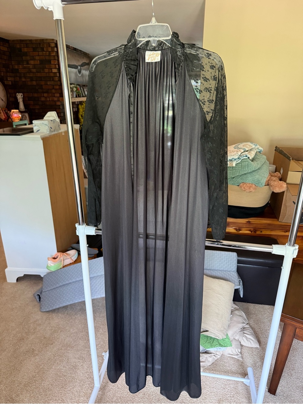 Black lace, long sleeve maxi satin vintage robe